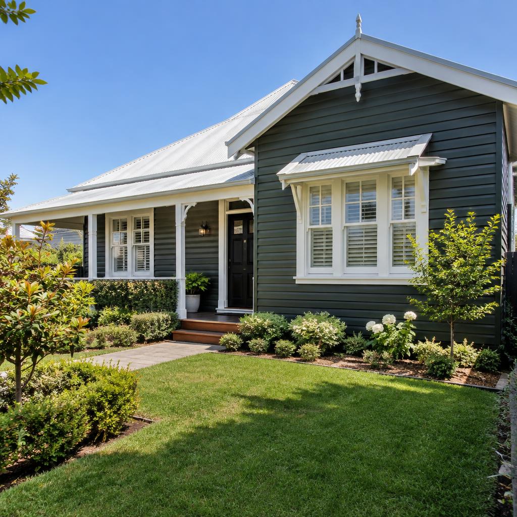 Freshly painted weatherboard house in deep green with white trims